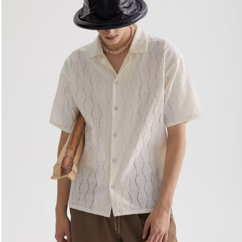 Herre Skjorte med Korte Ærmer – Relaxed Fit – Åndbart Blødt Strik – Cuban Krave