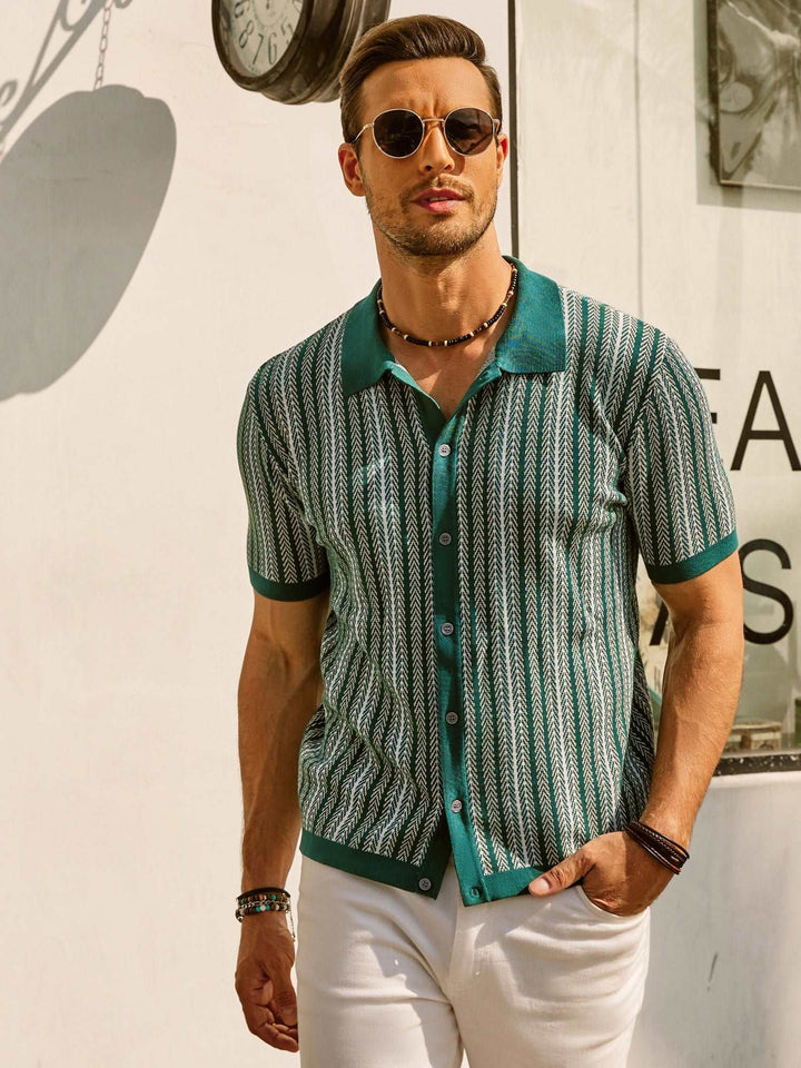 Herre Poloshirt – Slim Fit – Åndbart Mix – Retrostriber – Knaplukning – Kort Ærme