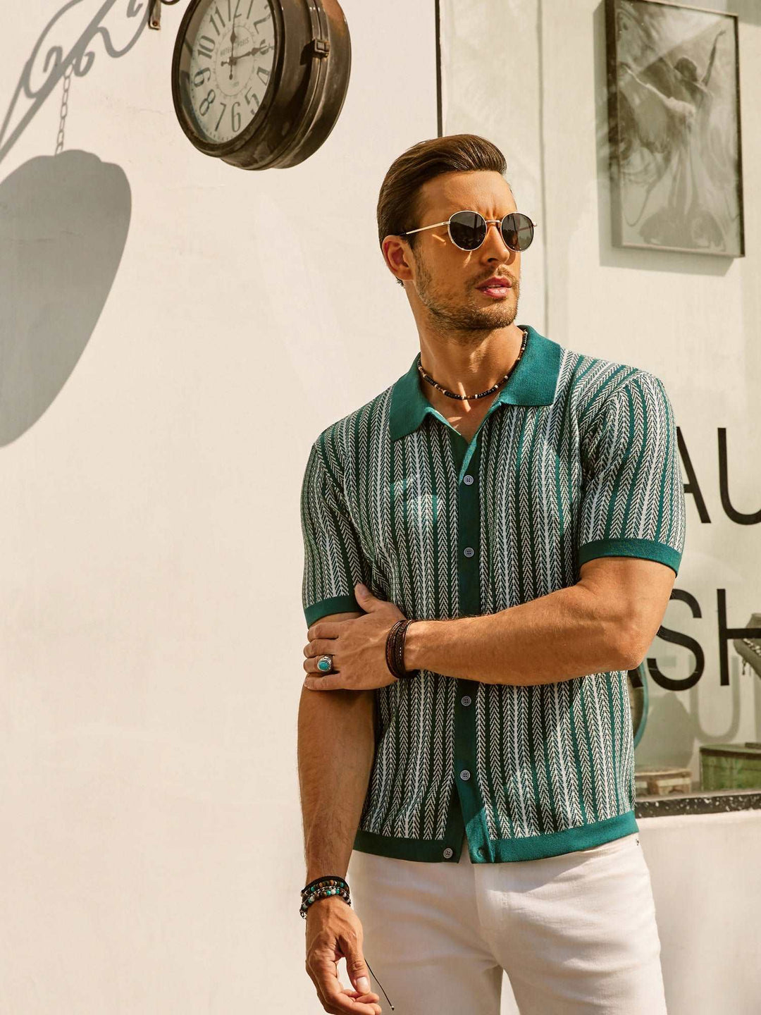 Herre Poloshirt – Slim Fit – Åndbart Mix – Retrostriber – Knaplukning – Kort Ærme