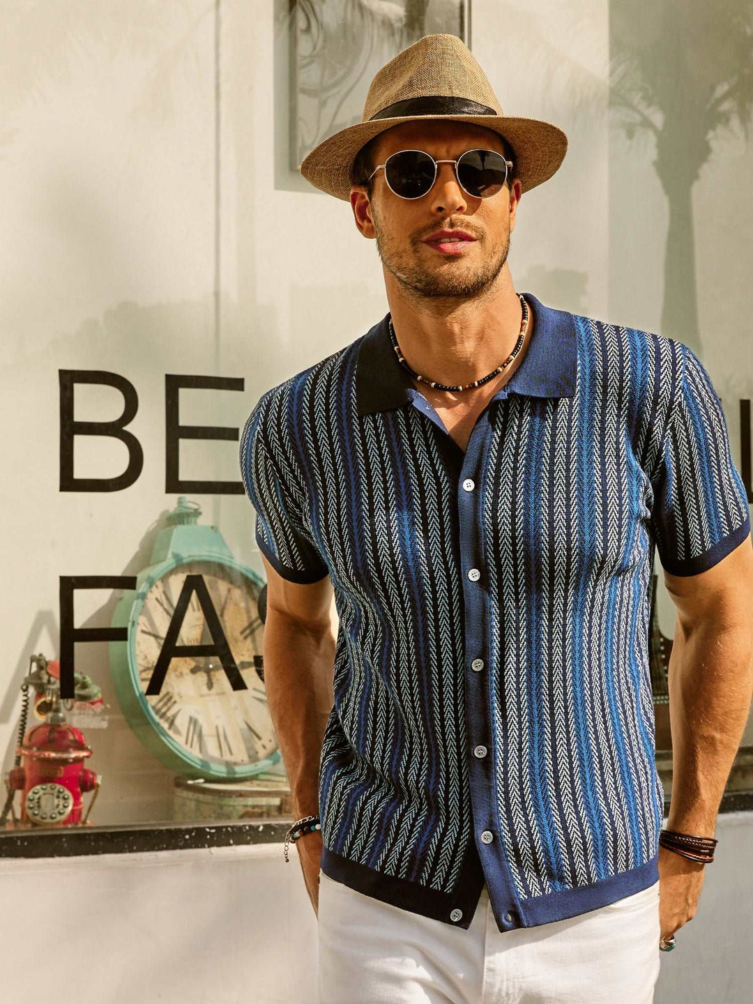Herre Poloshirt – Slim Fit – Åndbart Mix – Retrostriber – Knaplukning – Kort Ærme