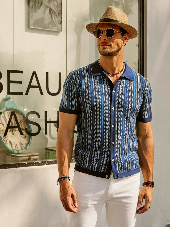 Herre Poloshirt – Slim Fit – Åndbart Mix – Retrostriber – Knaplukning – Kort Ærme
