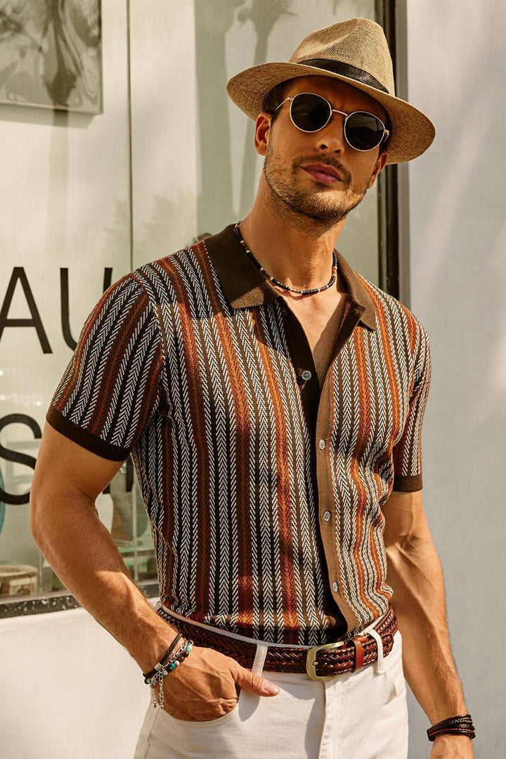 Herre Poloshirt – Slim Fit – Åndbart Mix – Retrostriber – Knaplukning – Kort Ærme