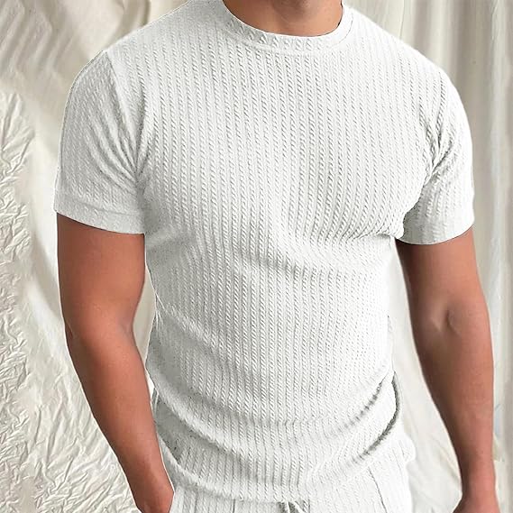 Herre T-shirt – Skræddersyet Pasform – Blød Strik – Ribbet Struktur – Rund Hals – Korte Ærmer