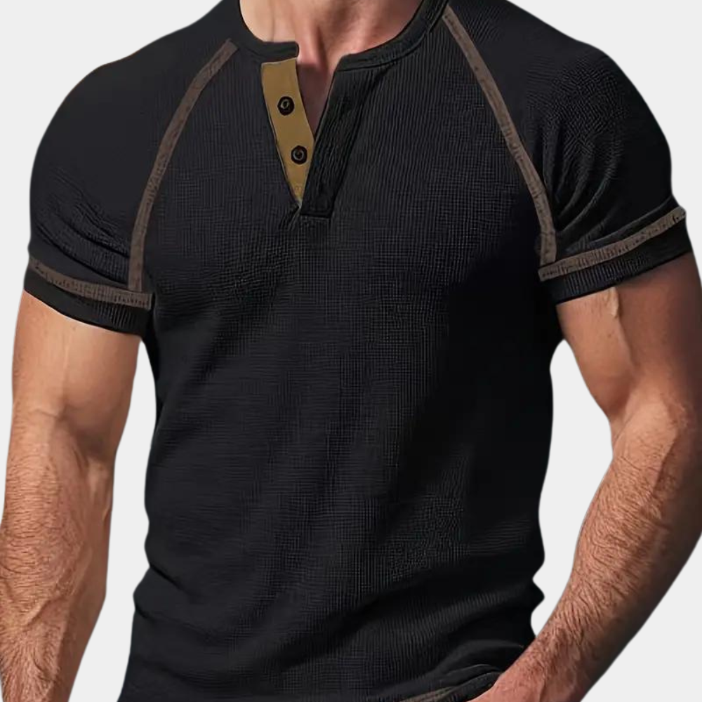 Herre T-shirt – Slim Passe – Henley Hals – Kort Ærme – Åndbar Blød Strik