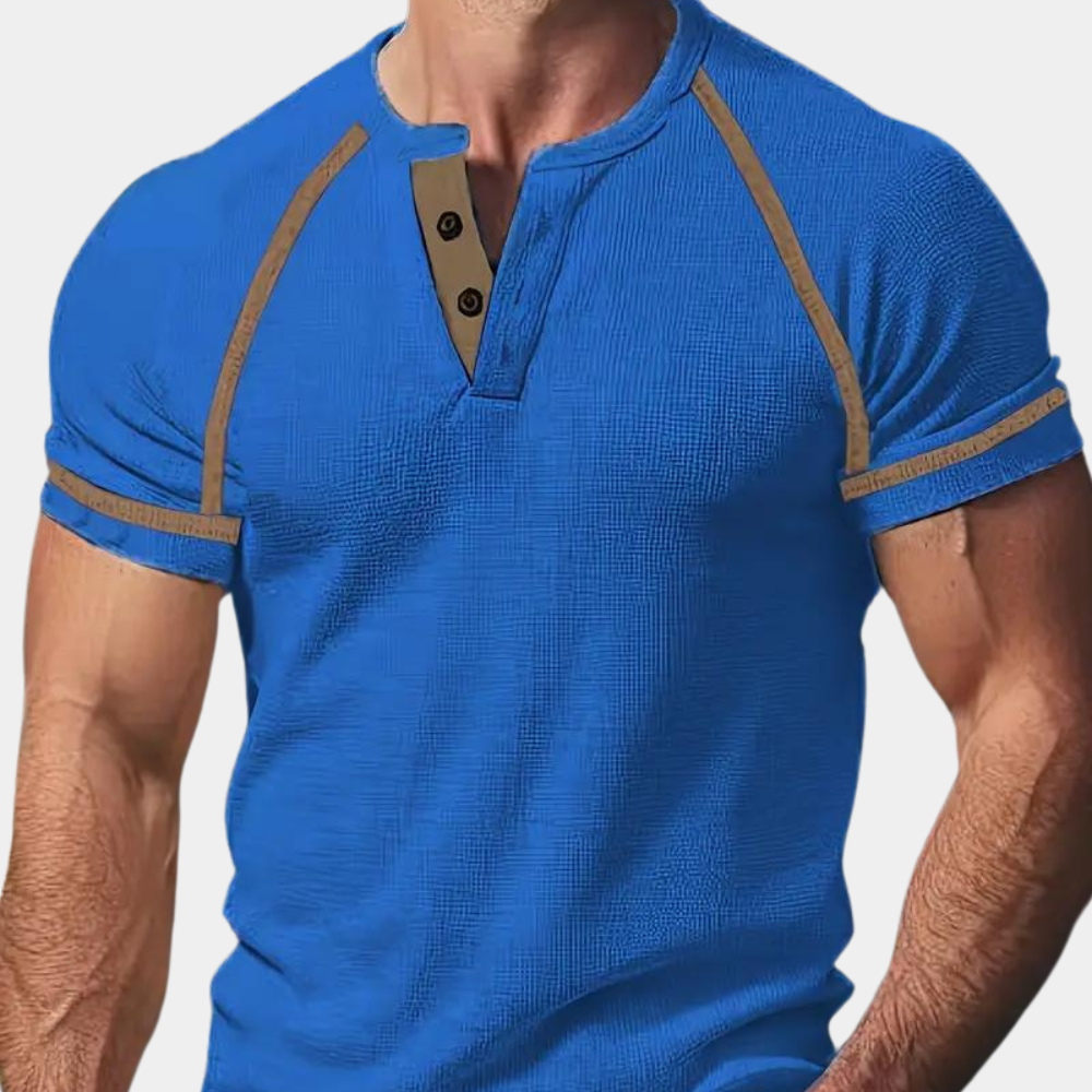 Herre T-shirt – Slim Passe – Henley Hals – Kort Ærme – Åndbar Blød Strik