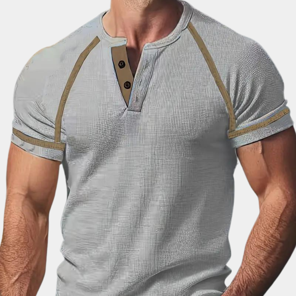 Herre T-shirt – Slim Passe – Henley Hals – Kort Ærme – Åndbar Blød Strik