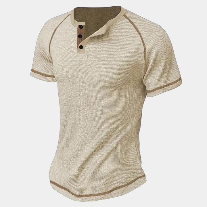 Herre T-shirt – Slim Passe – Henley Hals – Kort Ærme – Åndbar Blød Strik