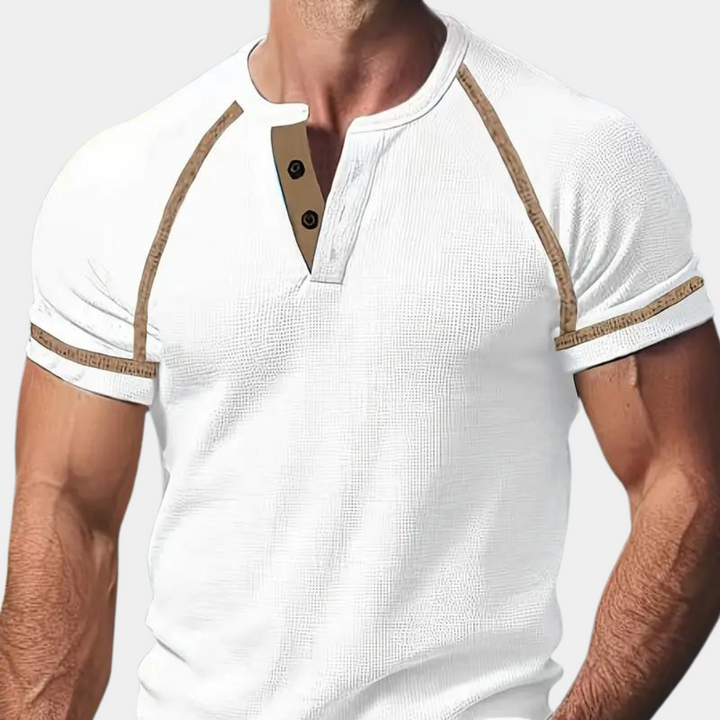 Herre T-shirt – Slim Passe – Henley Hals – Kort Ærme – Åndbar Blød Strik