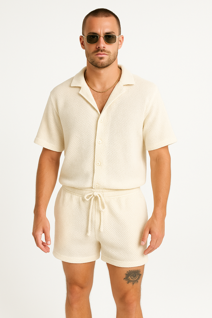 Herre Sæt med Kortærmet Skjorte og Shorts – Afslappet Pasform – Åndbart Design