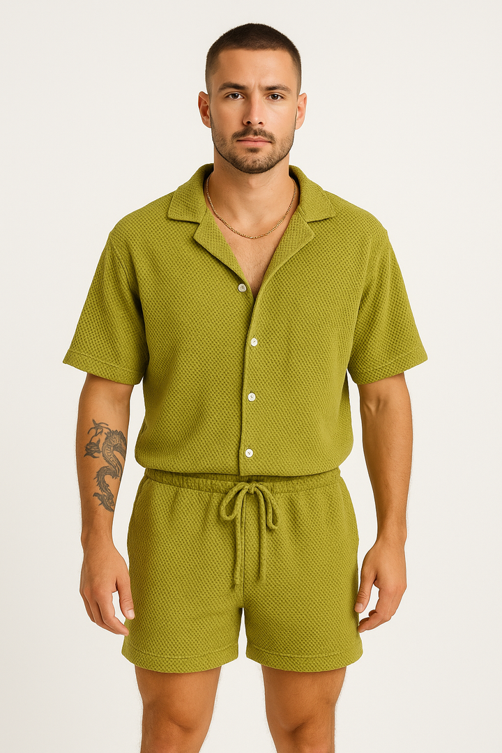 Herre Sæt med Kortærmet Skjorte og Shorts – Afslappet Pasform – Åndbart Design