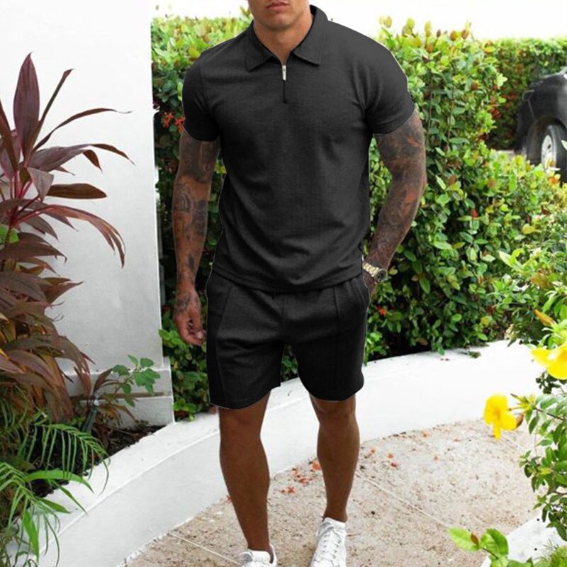 Herre sæt med polo og shorts – Regular fit – Åndbart materiale – Lynlåskrave
