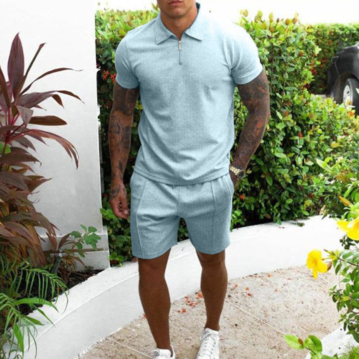 Herre sæt med polo og shorts – Regular fit – Åndbart materiale – Lynlåskrave