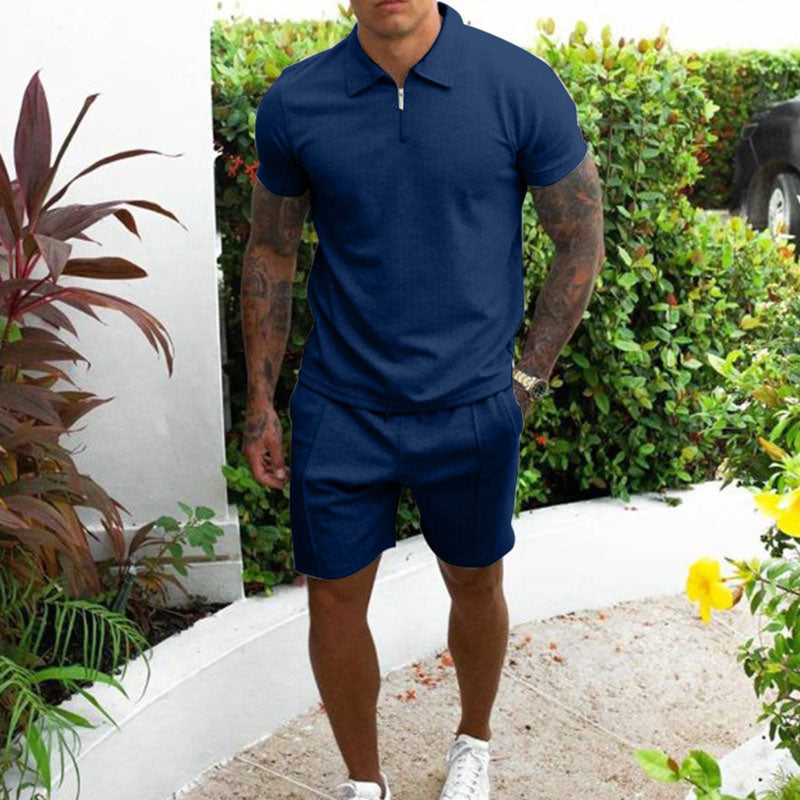 Herre sæt med polo og shorts – Regular fit – Åndbart materiale – Lynlåskrave