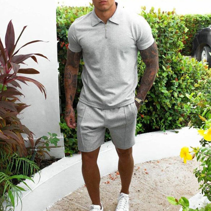 Herre sæt med polo og shorts – Regular fit – Åndbart materiale – Lynlåskrave