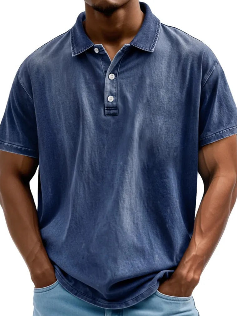 Herre Polo T-shirt – Afslappet Pasform – Vasket Retrostil – Korte Ærmer – Naturlige Fibre