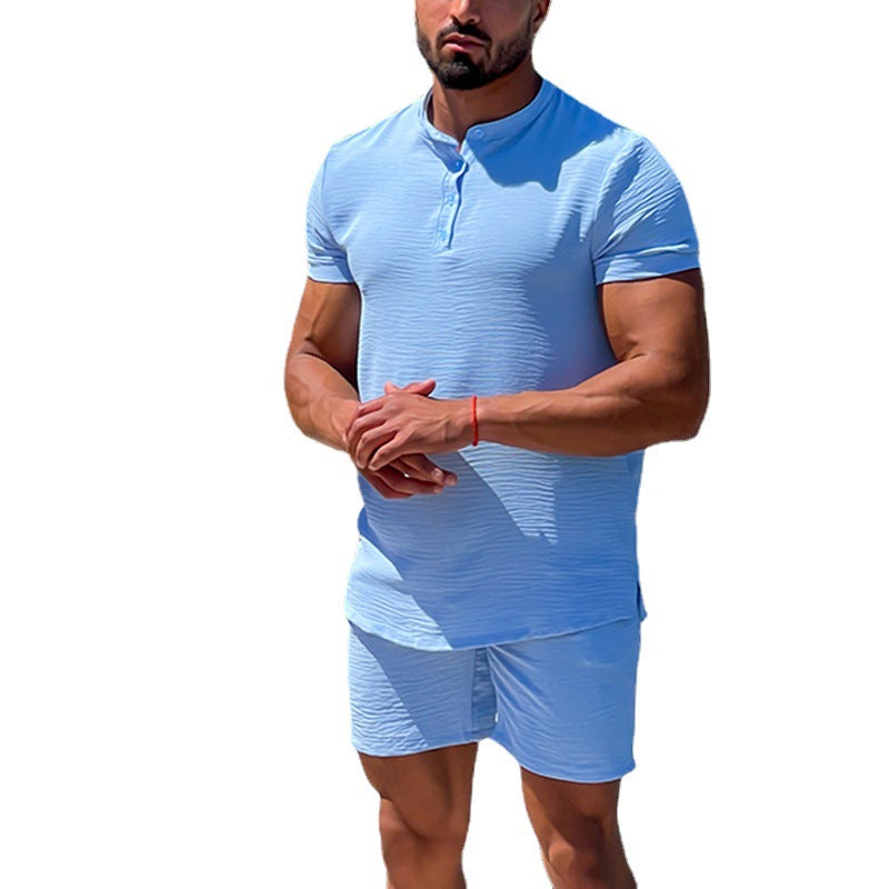 Herresæt med Henley-t-shirt og Shorts – Slim fit – Kortærmet – Åndbart naturmateriale