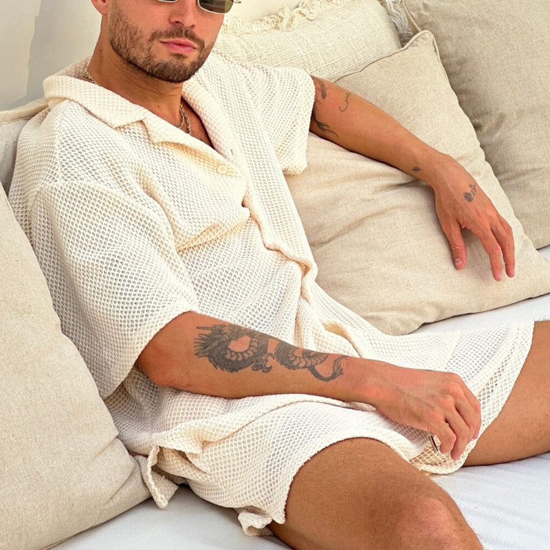 Herre Sæt med Kortærmet Skjorte og Shorts – Afslappet Pasform – Åndbart Design