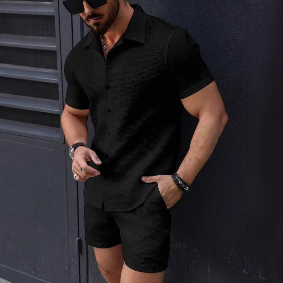 Herre Matching Sæt – Slim Fit Skjorte og Shorts – Let Åndbar Vævet Struktur
