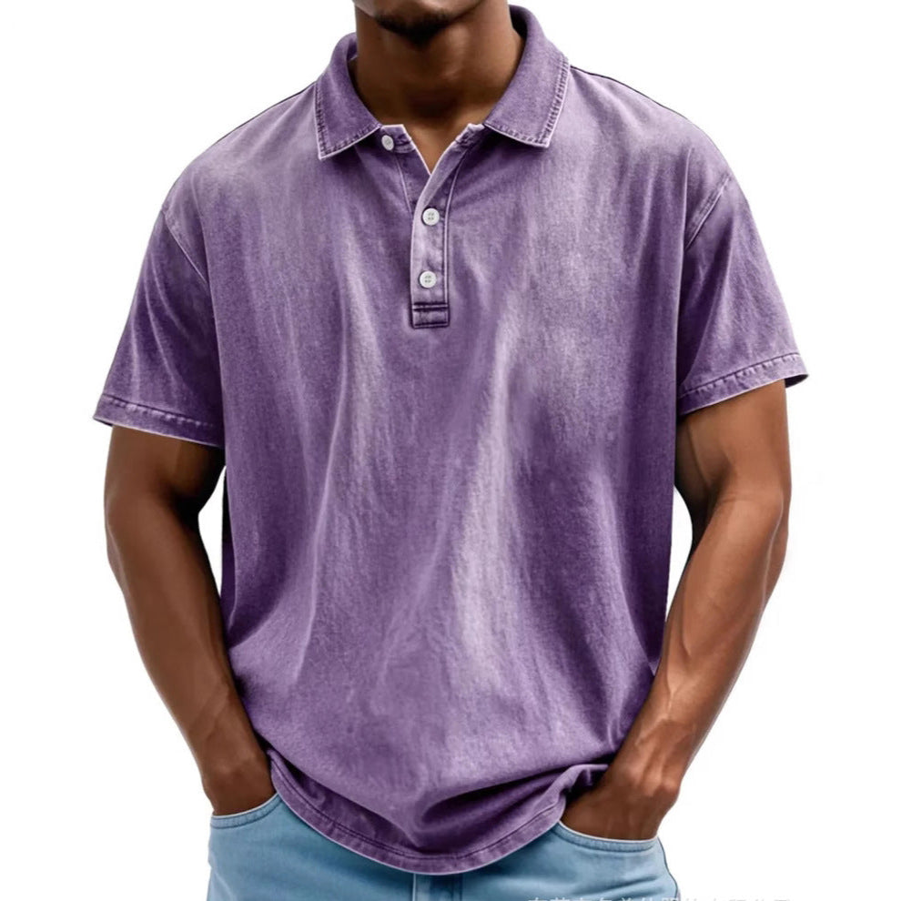 Herre Polo T-shirt – Afslappet Pasform – Vasket Retrostil – Korte Ærmer – Naturlige Fibre