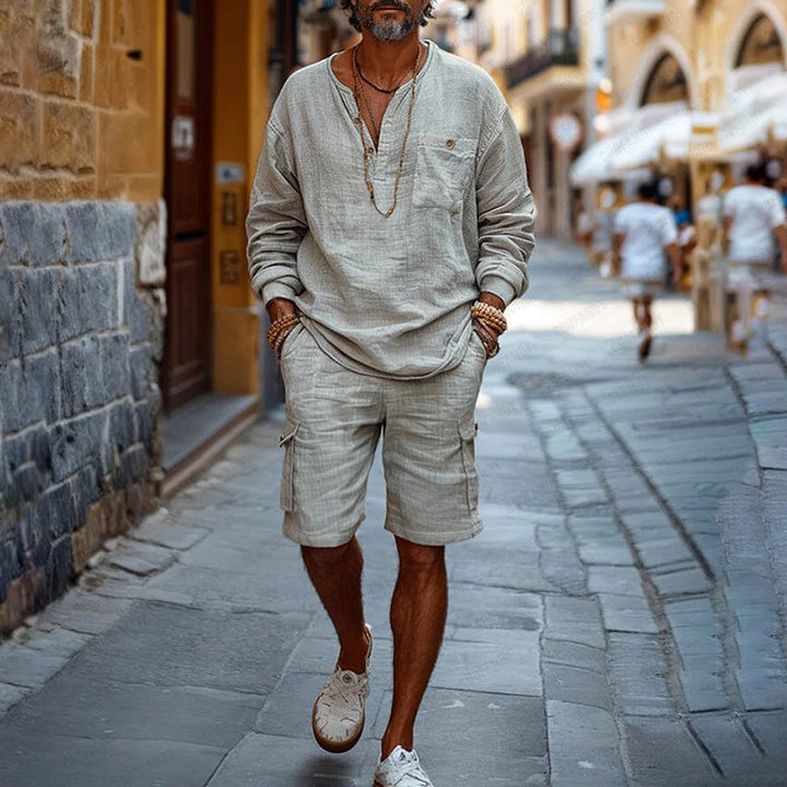Herre Sæt – Afslappet Pasform – V-hals Langærmet – Cargo Shorts – Åndbart Mix