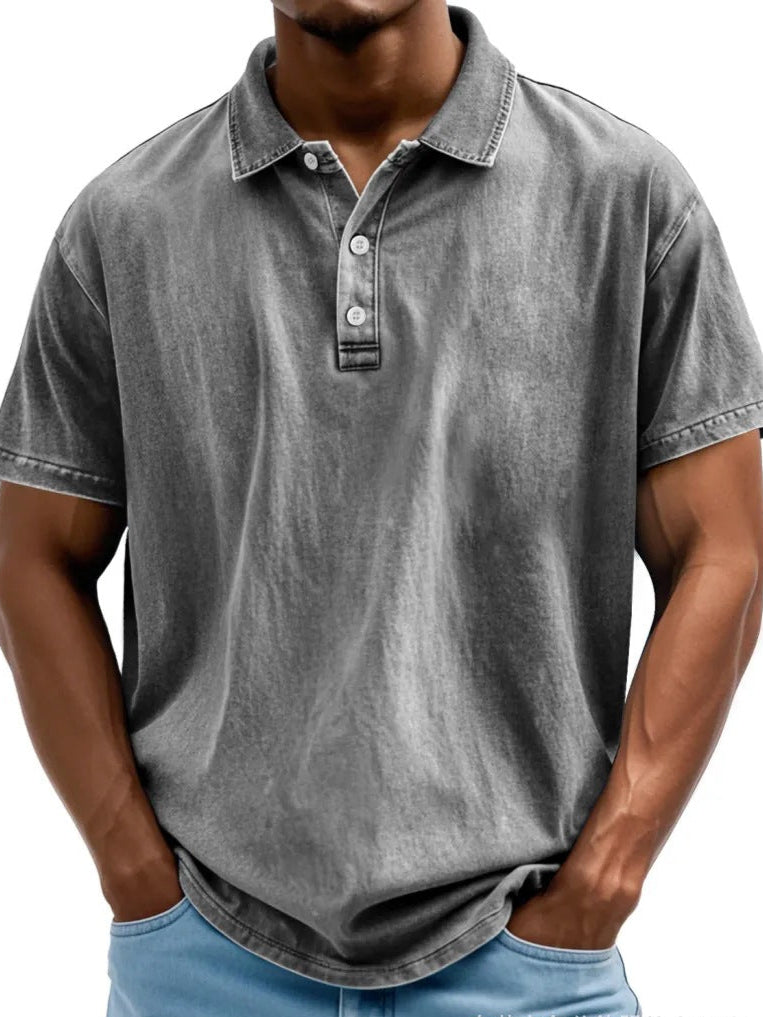 Herre Polo T-shirt – Afslappet Pasform – Vasket Retrostil – Korte Ærmer – Naturlige Fibre