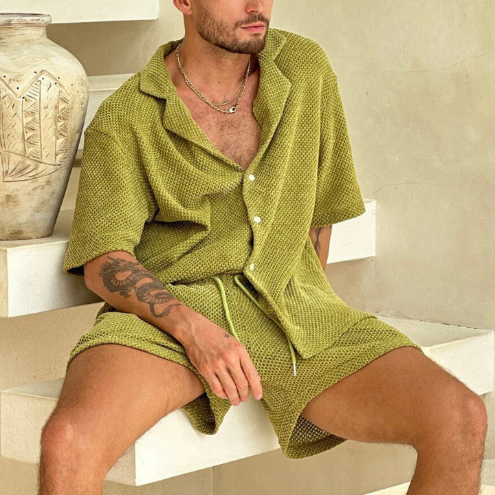 Herre Sæt med Kortærmet Skjorte og Shorts – Afslappet Pasform – Åndbart Design