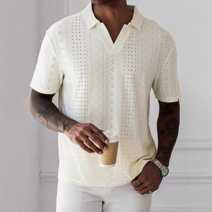 Herre T-shirt – Afslappet Pasform – Blødt Strik – V-hals – Jacquard Blonde Design