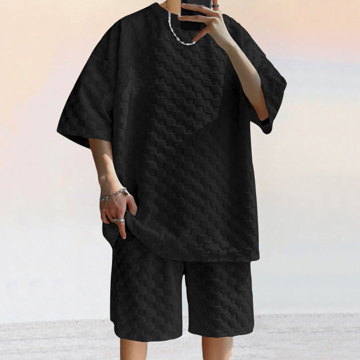 Herresæt – Afslappet Pasform – Jacquard Look – T-shirt med Korte Ærmer og Shorts