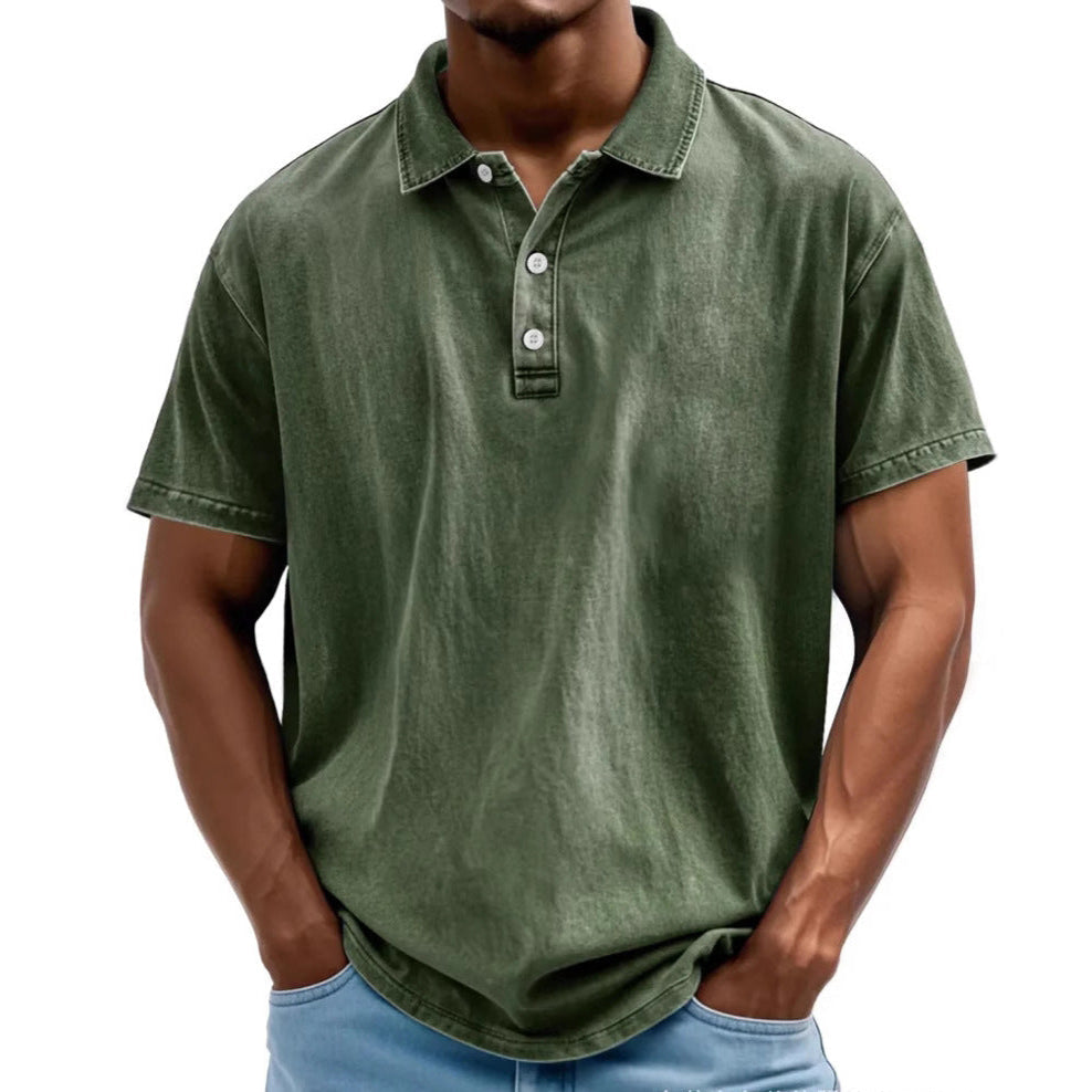 Herre Polo T-shirt – Afslappet Pasform – Vasket Retrostil – Korte Ærmer – Naturlige Fibre