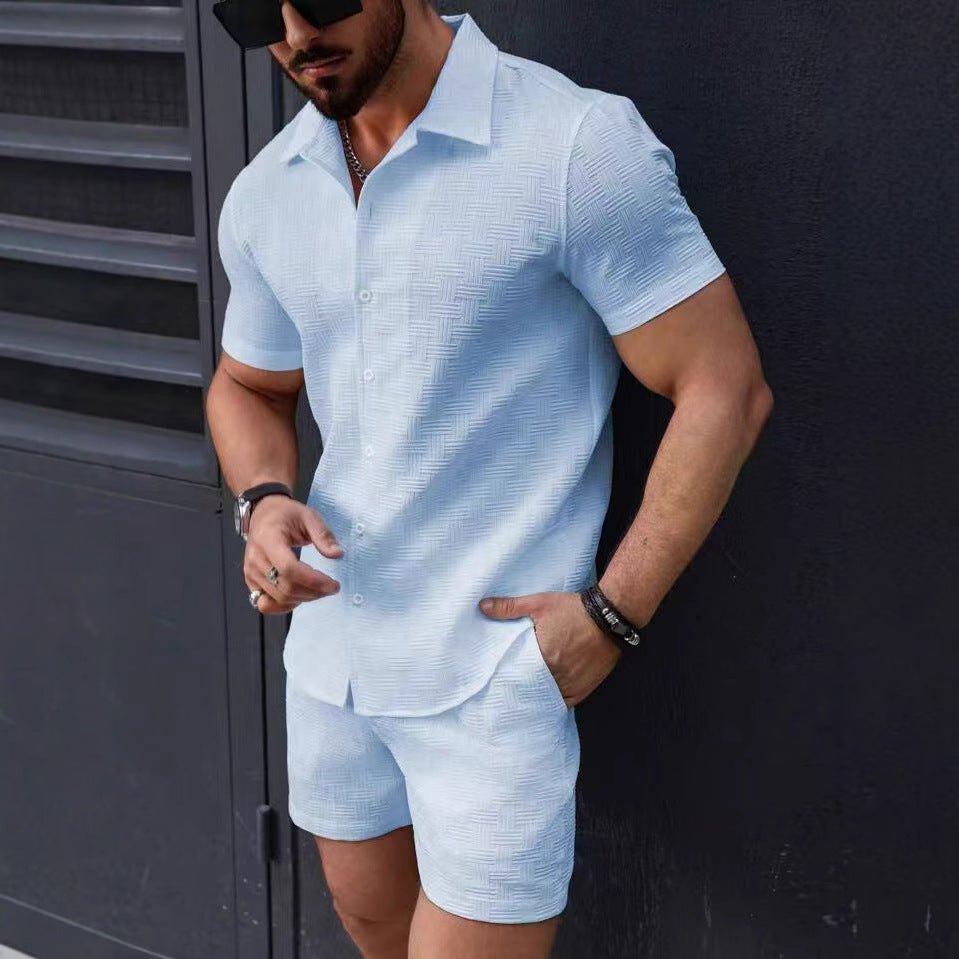 Herre Matching Sæt – Slim Fit Skjorte og Shorts – Let Åndbar Vævet Struktur