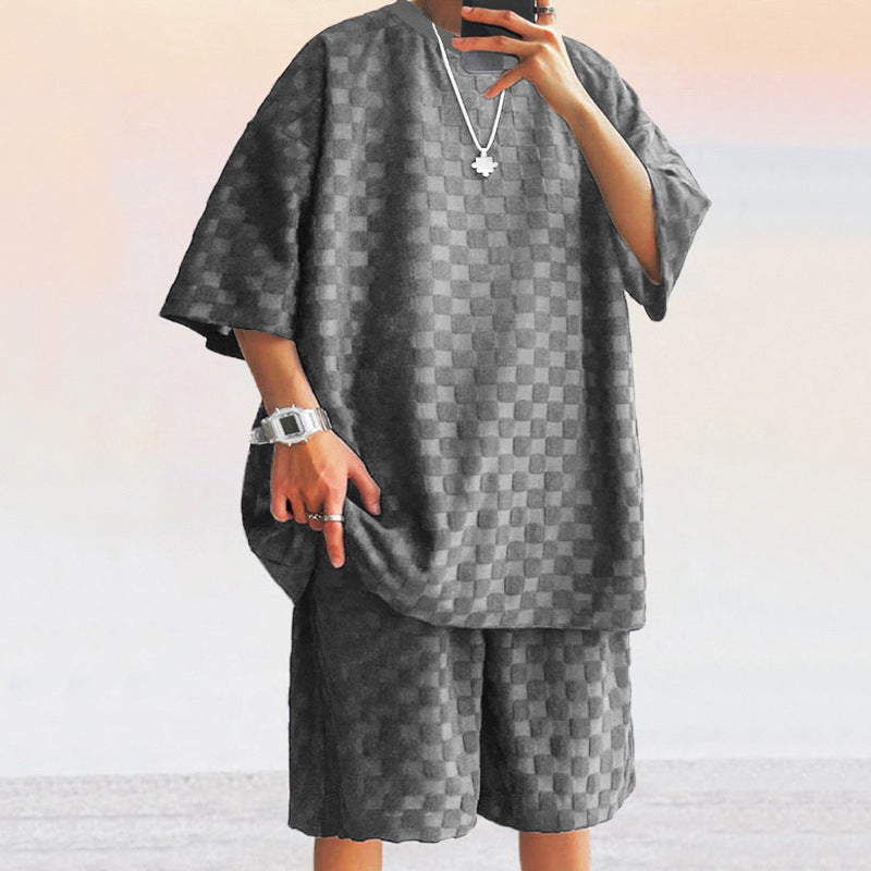 Herresæt – Afslappet Pasform – Jacquard Look – T-shirt med Korte Ærmer og Shorts