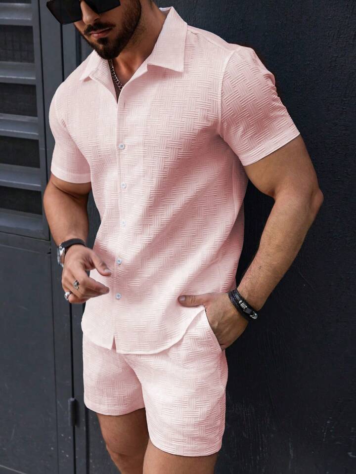 Herre Matching Sæt – Slim Fit Skjorte og Shorts – Let Åndbar Vævet Struktur