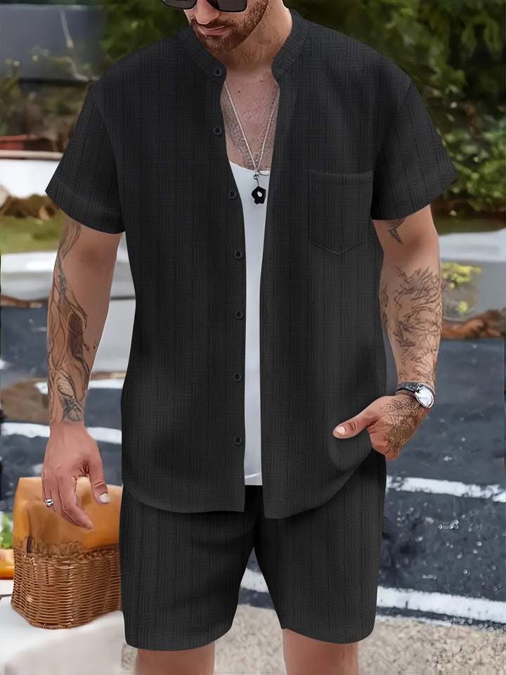 Herre Sæt – Afslappet Pasform – Henley Krave T-shirt & Shorts – Åndbart Design