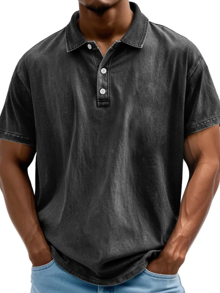 Herre Polo T-shirt – Afslappet Pasform – Vasket Retrostil – Korte Ærmer – Naturlige Fibre
