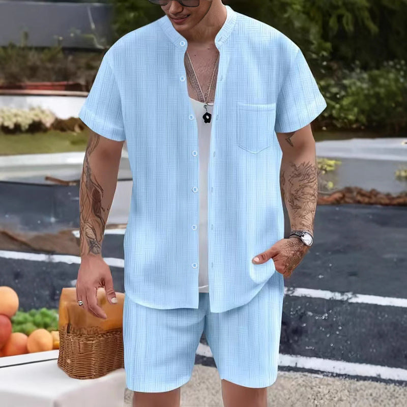 Herre Sæt – Afslappet Pasform – Henley Krave T-shirt & Shorts – Åndbart Design
