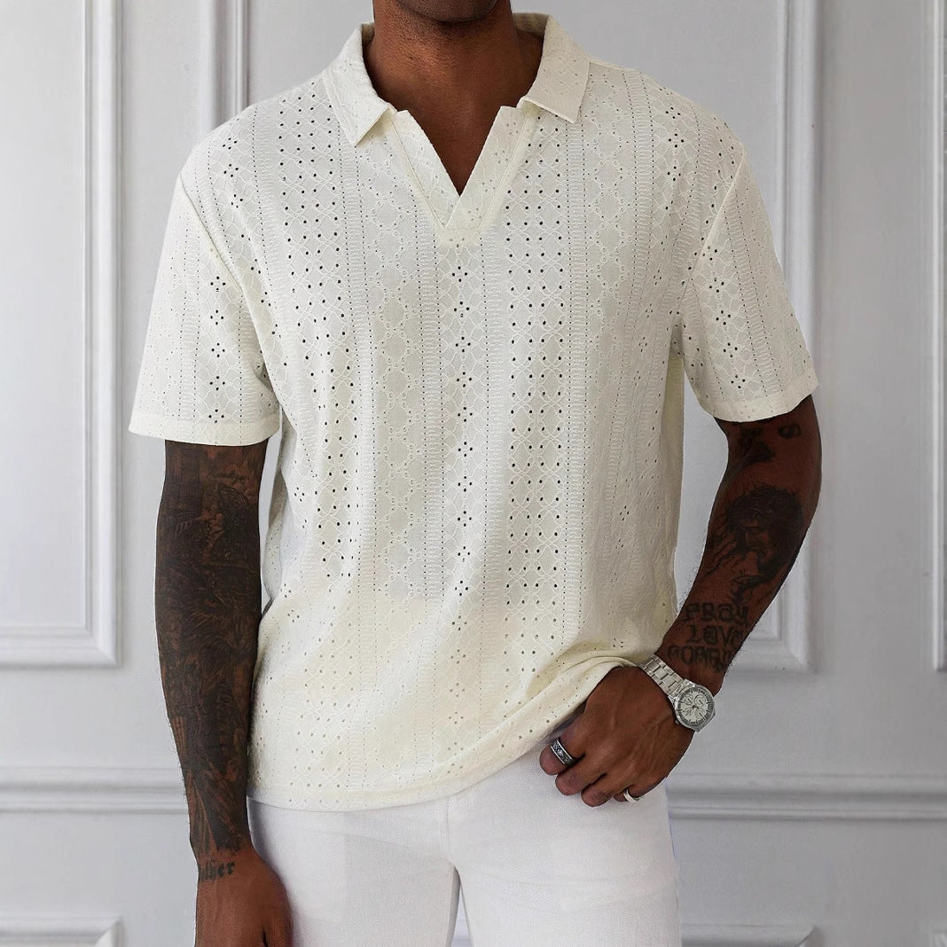 Herre T-shirt – Afslappet Pasform – Blødt Strik – V-hals – Jacquard Blonde Design