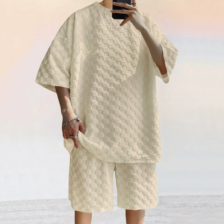Herresæt – Afslappet Pasform – Jacquard Look – T-shirt med Korte Ærmer og Shorts