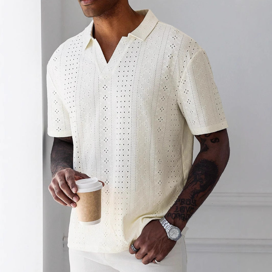 Herre T-shirt – Afslappet Pasform – Blødt Strik – V-hals – Jacquard Blonde Design
