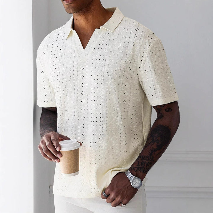 Herre T-shirt – Afslappet Pasform – Blødt Strik – V-hals – Jacquard Blonde Design