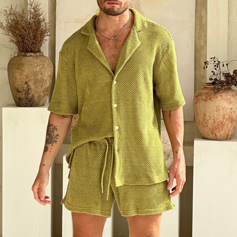 Herre Sæt med Kortærmet Skjorte og Shorts – Afslappet Pasform – Åndbart Design