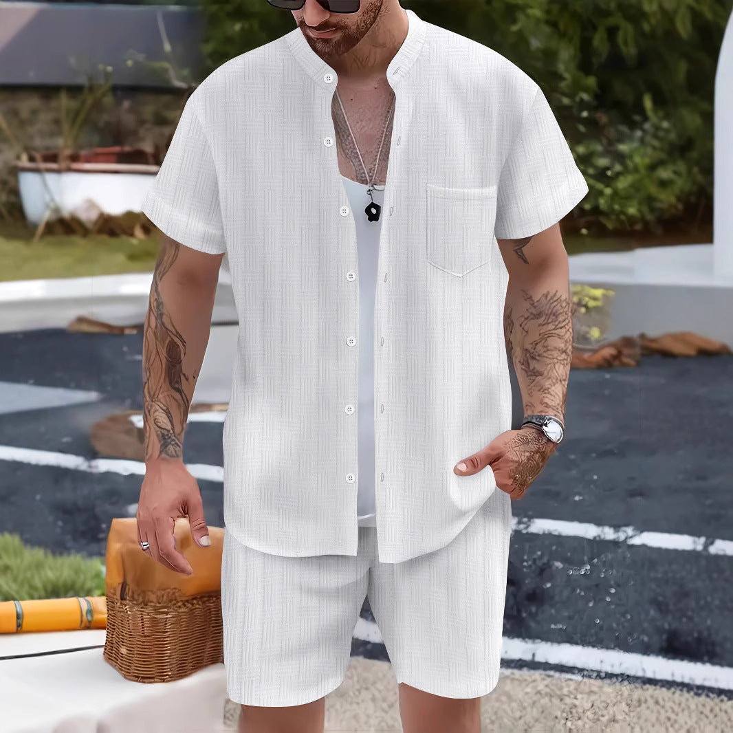 Herre Sæt – Afslappet Pasform – Henley Krave T-shirt & Shorts – Åndbart Design