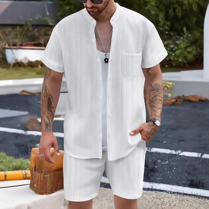 Herre Sæt – Afslappet Pasform – Henley Krave T-shirt & Shorts – Åndbart Design