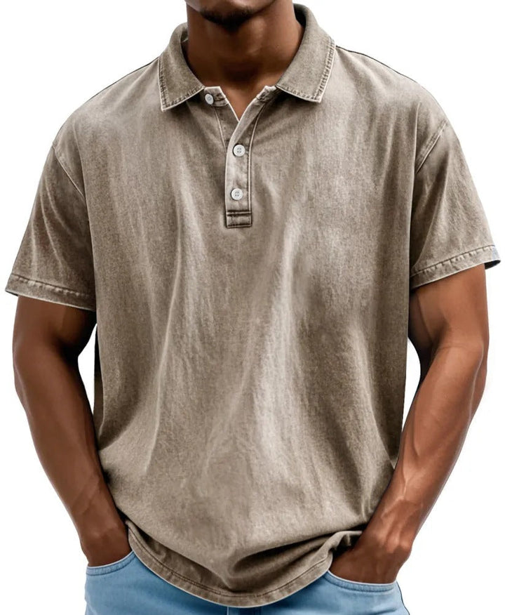 Herre Polo T-shirt – Afslappet Pasform – Vasket Retrostil – Korte Ærmer – Naturlige Fibre