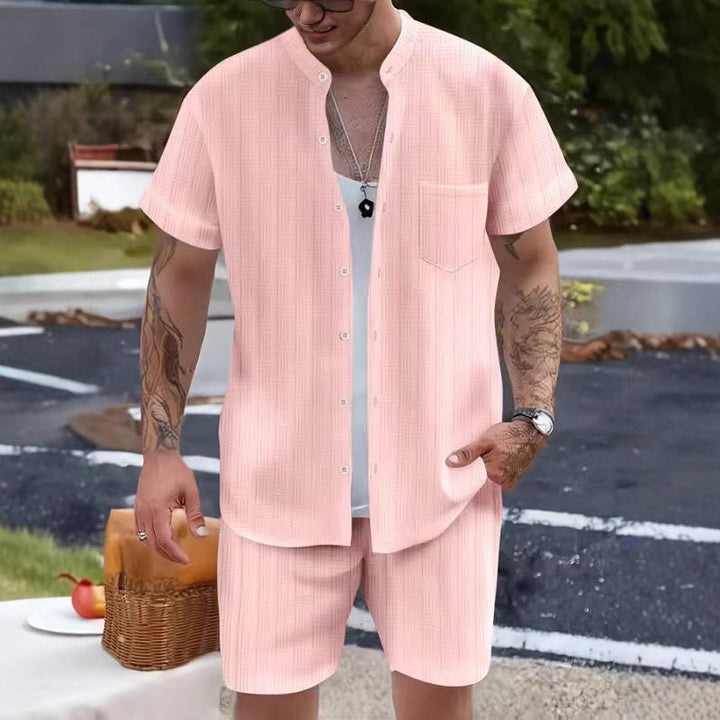 Herre Sæt – Afslappet Pasform – Henley Krave T-shirt & Shorts – Åndbart Design