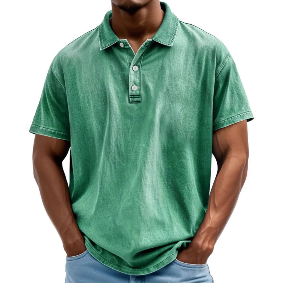 Herre Polo T-shirt – Afslappet Pasform – Vasket Retrostil – Korte Ærmer – Naturlige Fibre
