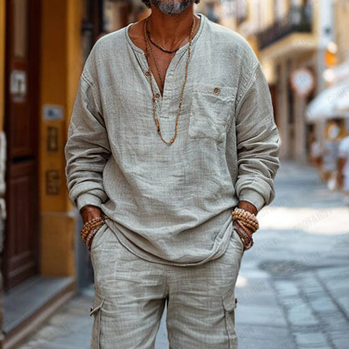 Herre Sæt – Afslappet Pasform – V-hals Langærmet – Cargo Shorts – Åndbart Mix