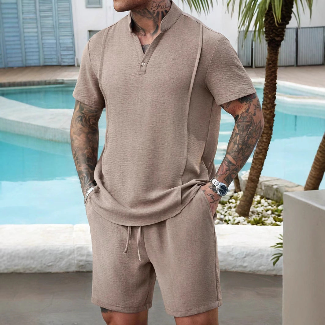 Herresæt med Henley T-shirt og shorts – Afslappet pasform – Åndbart materiale