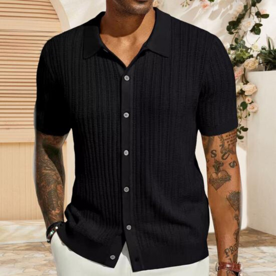 Herre T-shirt i strik – Blød ribstruktur – Regular fit – Knaplukning og krave