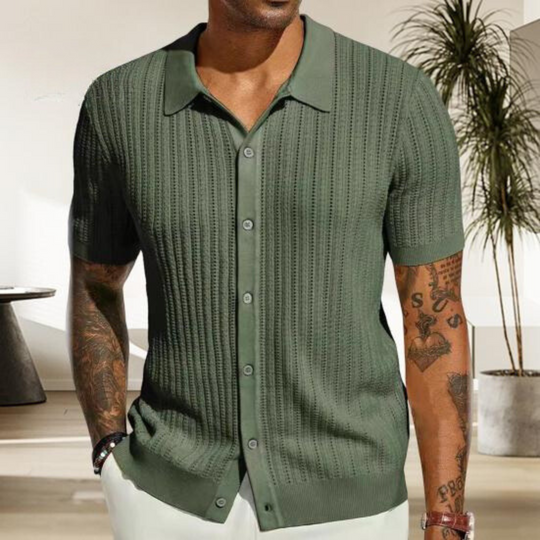 Herre T-shirt i strik – Blød ribstruktur – Regular fit – Knaplukning og krave