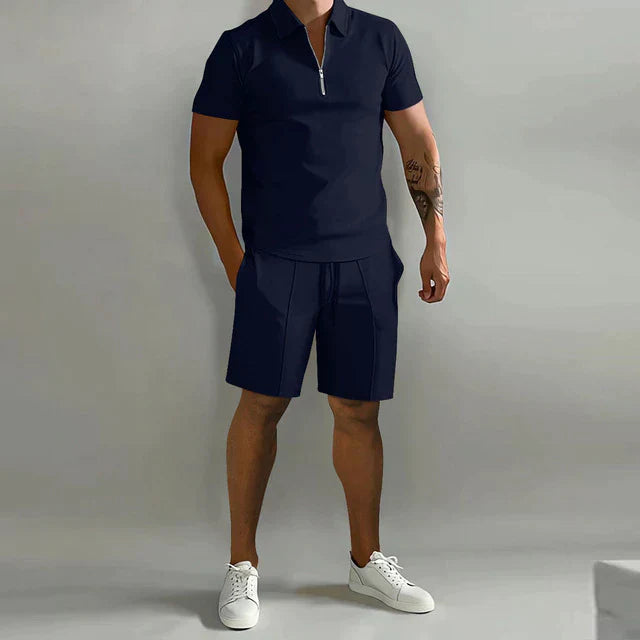 Herresæt Med Klassisk Pasform af Poloshirt og shorts – åndbart stof, Korte ærmer, Lynlåskrave
